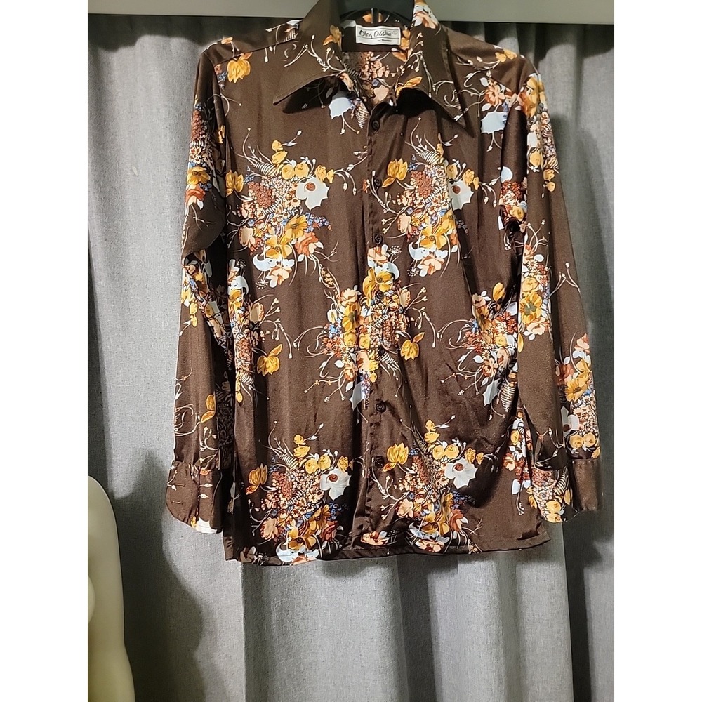 Vtg OLEG‎ CASSINI by Burma L Disco Big Collar Nylon Floral Print Button Down